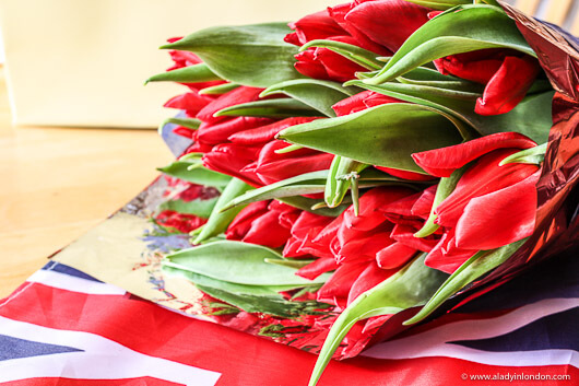Red Tulips and a British Flag