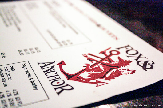 Menu at the Fox & Anchor Pub in London