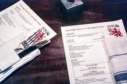 Menus at the Fox & Anchor Pub in London