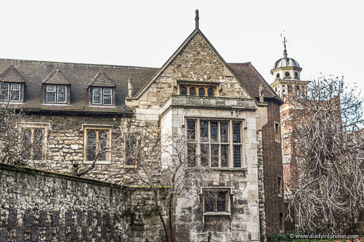 Buildings and a church in Charterhouse Square in London, England