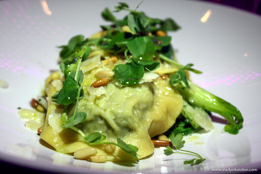 Spinach, Pine Nut, Nutmeg, and Ricotta Ravioli at The Cuckoo Club in Mayfair, London