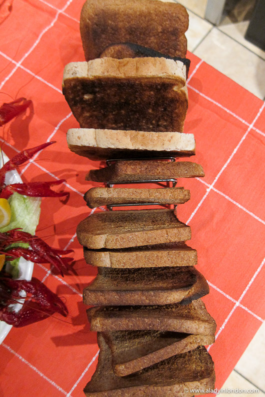 Toast for salmon mousse at a traditional British Christmas dinner in London