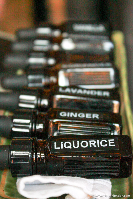Martini flavors in bottles at The Connaught hotel Bar in London