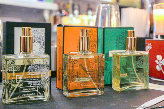 Miller Harris perfume bottles at a wine and perfume pairing in London