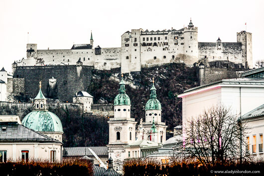 Salzburg city skyline with castle and churches in Austria