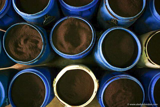 Buckets of tea at a Sri Lankan Ceylon tea factory