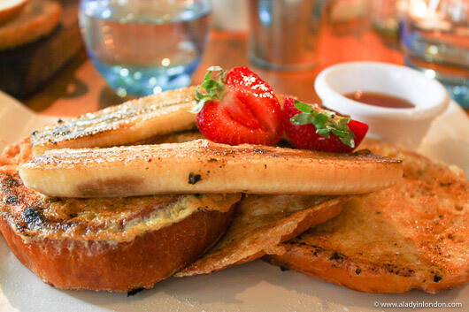 French toast with caramelized bananas at The Folly restaurant in London