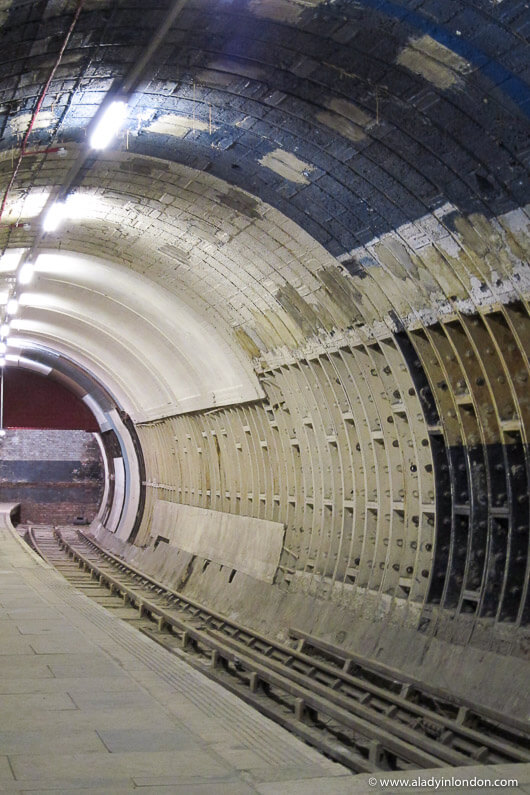 Train platform in London's abandoned Aldwych tube station on the Strand