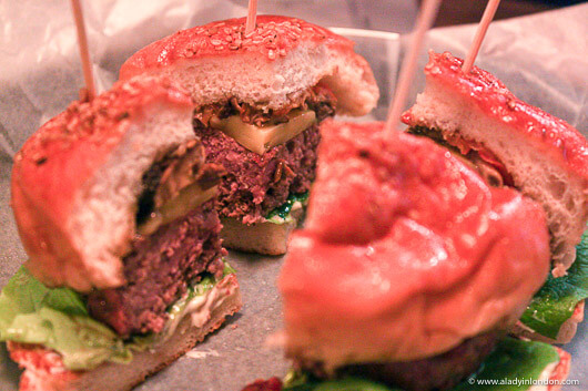 Burger at a restaurant at Boxpark Shoreditch in London, England