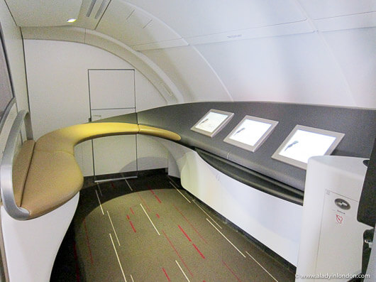 Business class cabin lounge on the A380 to Paris