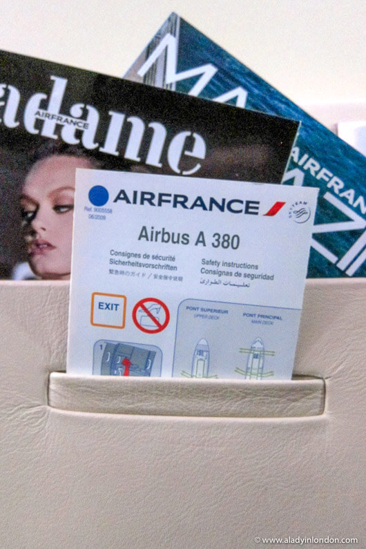 Air France A380 guide and magazines in the business class cabin