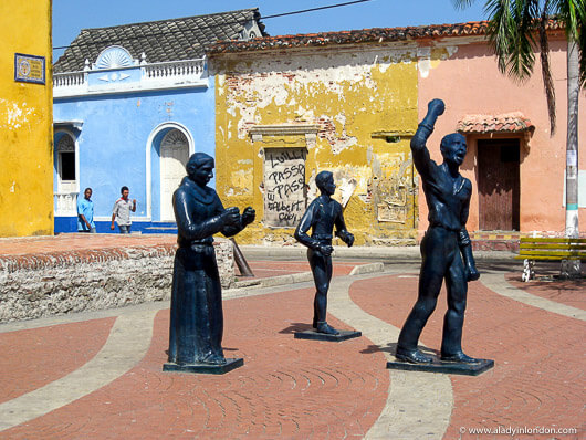 Colorful town square with sculptures in Cartagena, Colombia