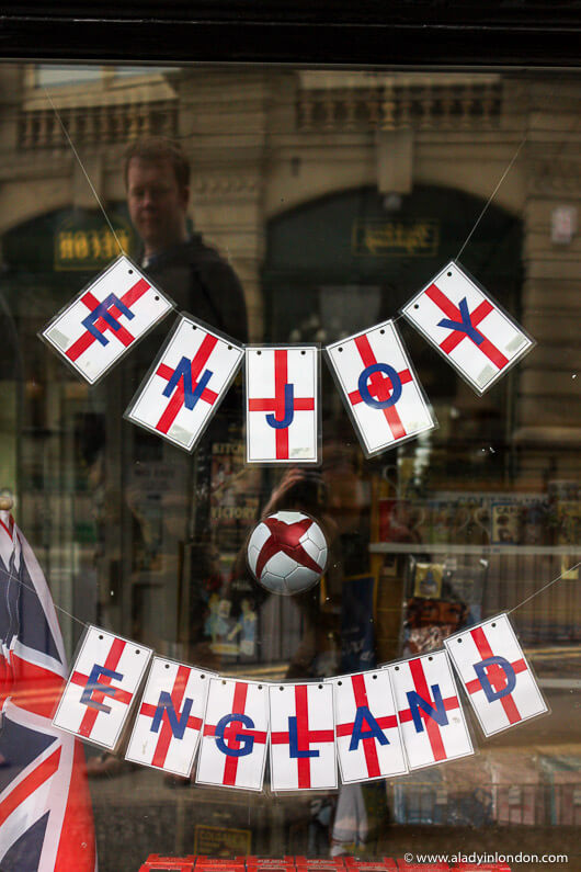 England Flag Bunting in a shop window during the World Cup