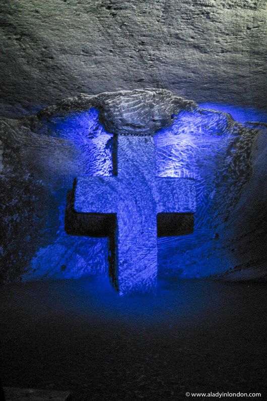 A cross in the underground Salt Cathedral of Zipaquira in Colombia