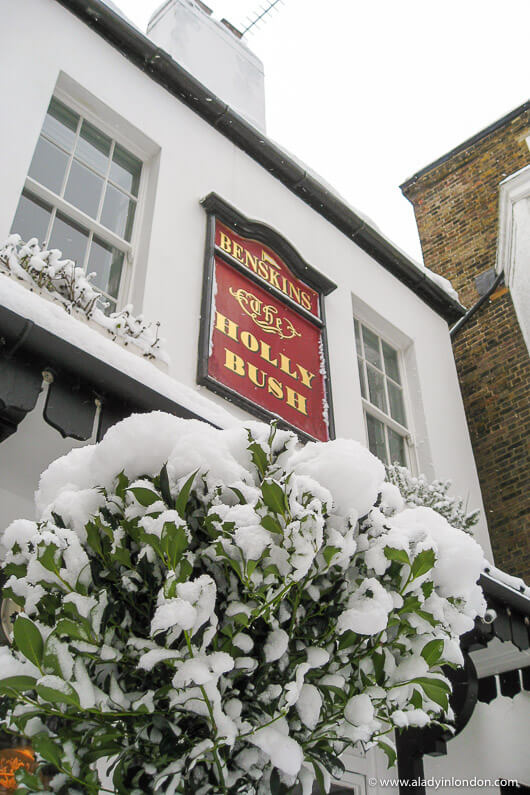 Holly Bush pub in Hampstead in snow