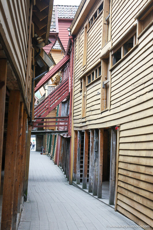 Narrow street in Bryggen in Bergen, Norway