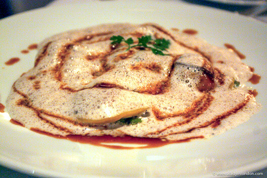 Starter of foie gras ravioli at The Restaurant at The Capital, Knightsbridge, London