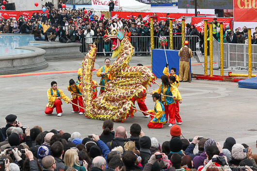Dragon dance in Trafalgar Square during the Chinese New Year Festival in London