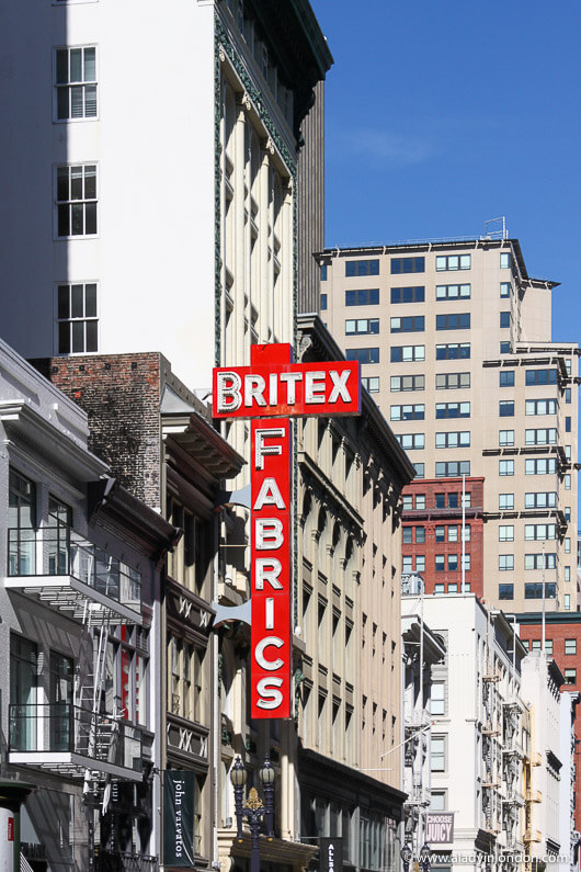 Britex Fabrics shop sign in San Francisco near Union Square