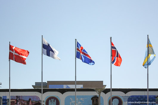 Scandinavian flags in the Ballard neighborhood in Seattle, Washington