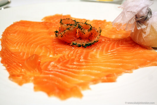 Smoked salmon starter at The Grill at The Dorchester restaurant in London