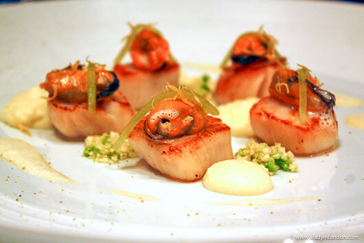 Scallop starter at The Grill at The Dorchester restaurant on Park Lane in London