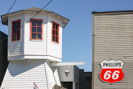 Buildings and Phillips 66 sign in La Conner, Washington