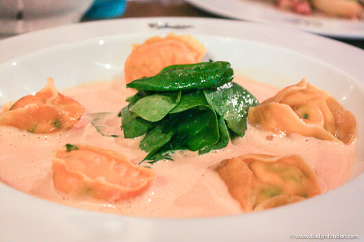 Lobster tortellini main course at the restaurant at the Malmaison Hotel in Oxford, England