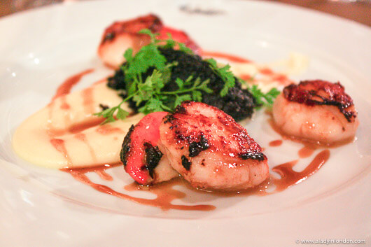 Seared scallop starter at the restaurant at the Malmaison Oxford hotel in England