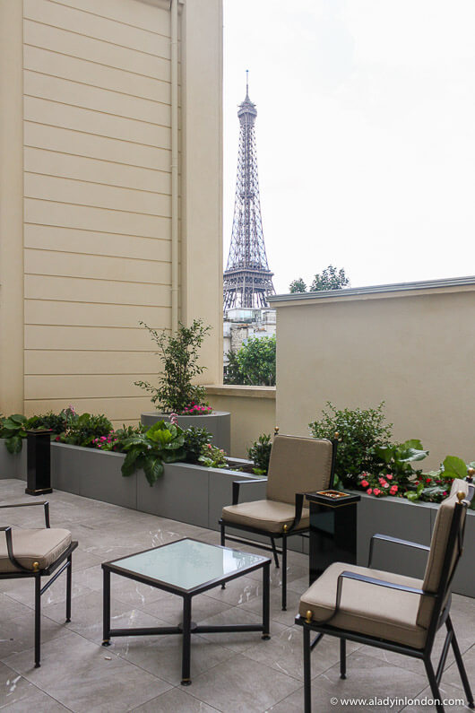 Terrace with an Eiffel Tower View at the Shangri-La hotel in Paris, France