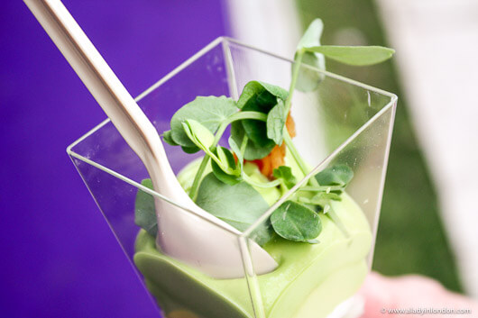 Pea and mint mousse with goat curd and pancetta from Petrus restaurant at Taste of London in Regent's Park
