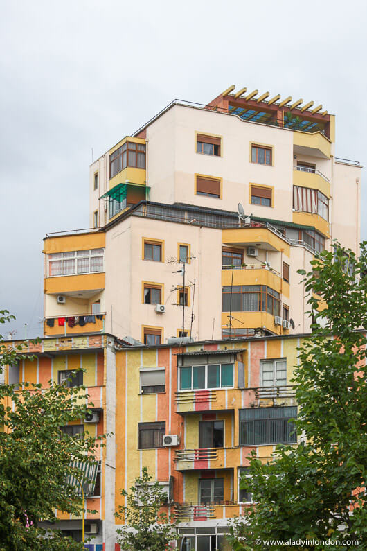 Colorful communist buildings in Tirana, Albania