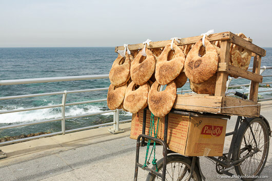 Bread for sale on a bicycle on the Corniche in Beirut, Lebanon