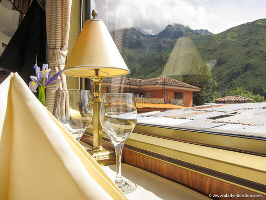 Dining table on the Hiram Bingham luxury train to Machu Picchu in Peru