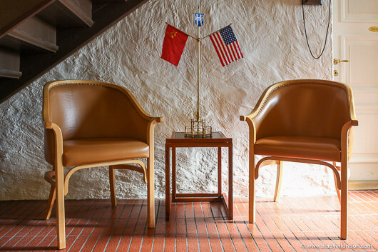 Seats in Hofdi House where Reagan and Gorbachev sat in 1986 in Reykjavik, Iceland