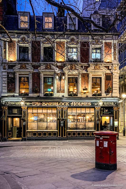 Sherlock Holmes pub in winter