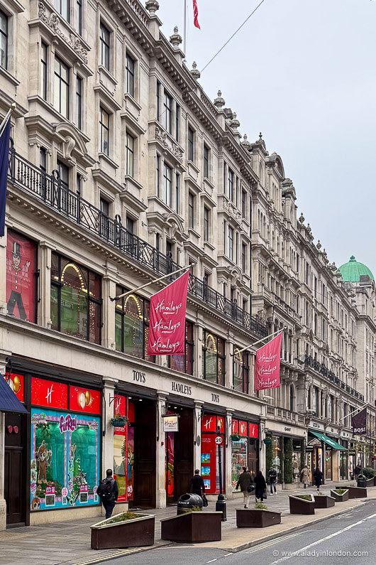 Hamleys and other Regent Street shops in London at Christmas